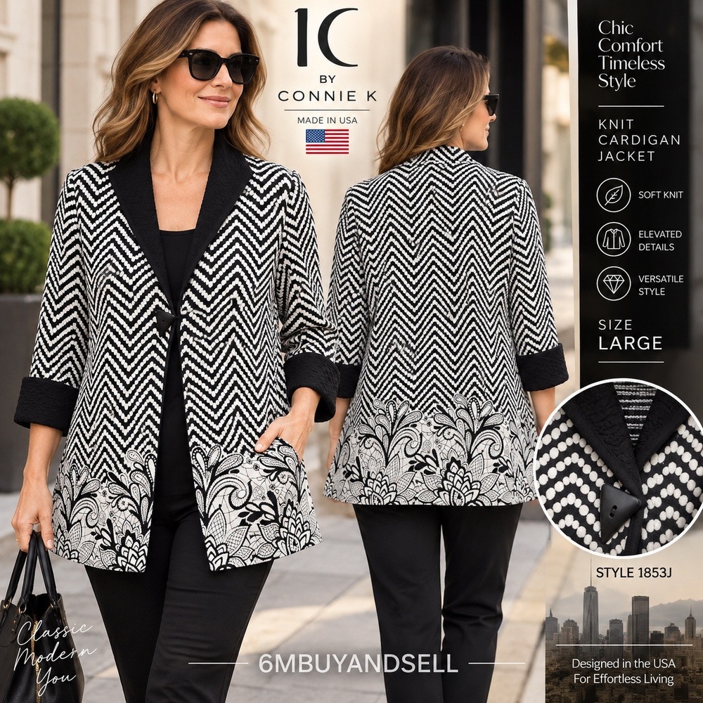 IC by Connie K Black White Chevron Floral Knit Cardigan Jacket Large 1853J